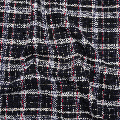 Tweedy Boucle Woven with Metallic Eyelash Fringe - Navy, White and Red Plaid - Deadstock