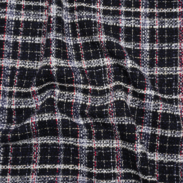 Tweedy Boucle Woven with Metallic Eyelash Fringe - Navy, White and Red Plaid - Deadstock
