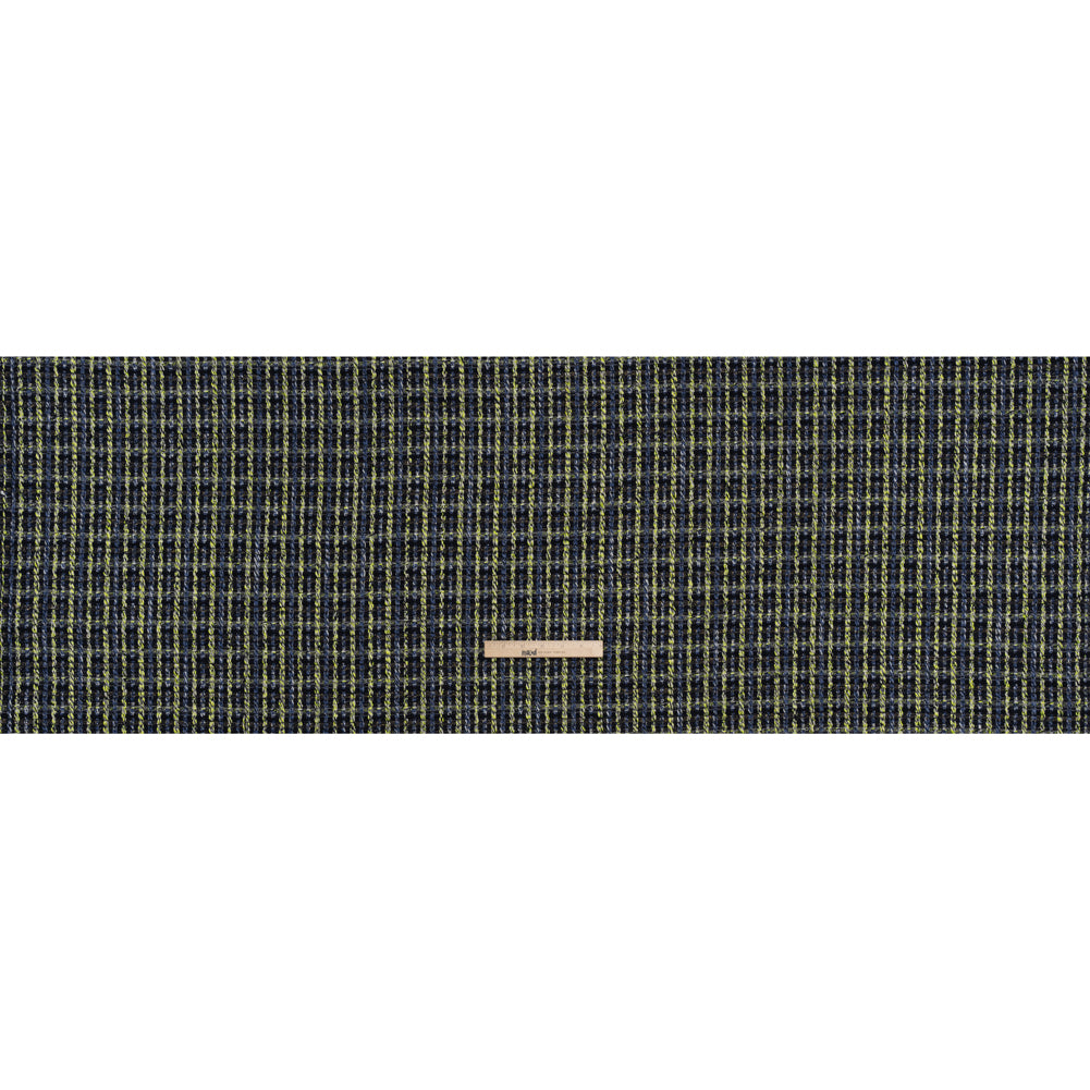 Cotton and Polyester Woven Tweed - Blue and Lime Green Ribbed Plaid - Deadstock - Full