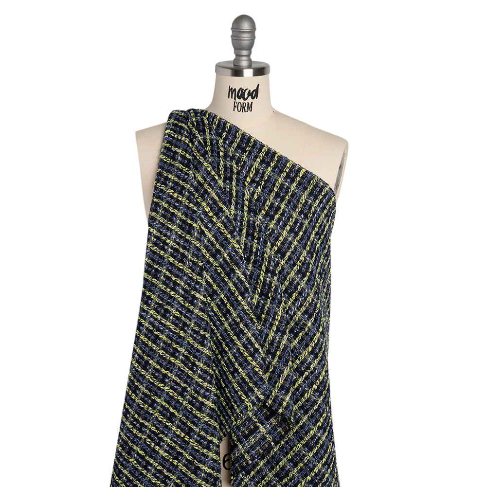 Cotton and Polyester Woven Tweed - Blue and Lime Green Ribbed Plaid - Deadstock - Drape