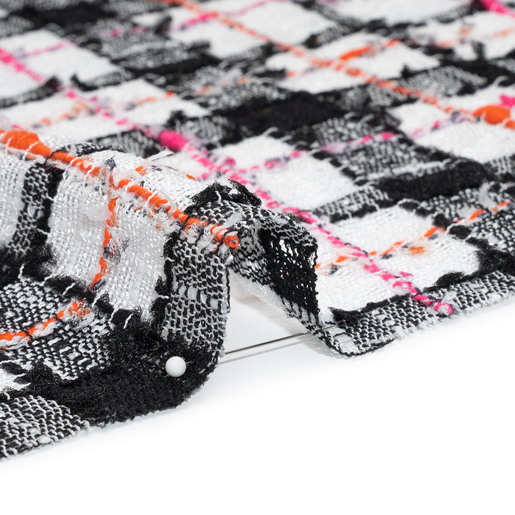 Slubbed Gauzy Polyester Woven - Black, White and Pink Plaid - Deadstock - Detail