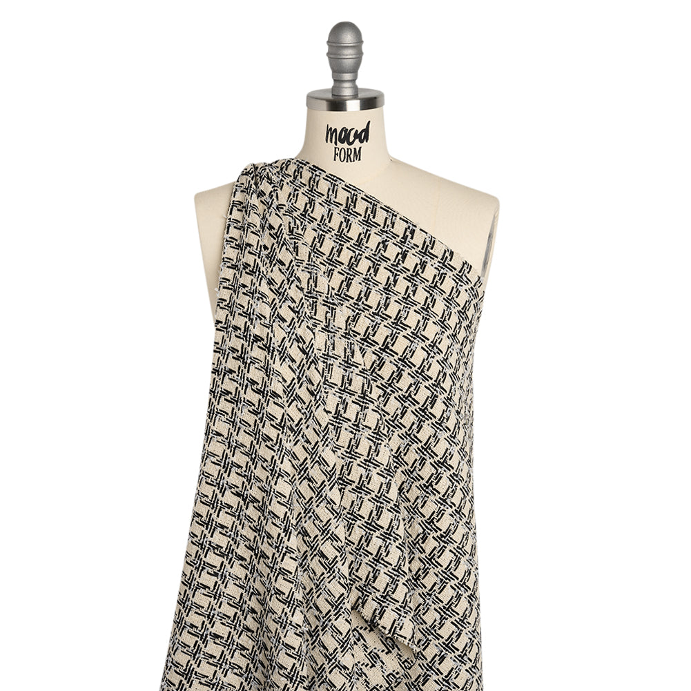 Wool Blend Boucle Tweed - Ivory and Black Houndstooth - Deadstock - Drape