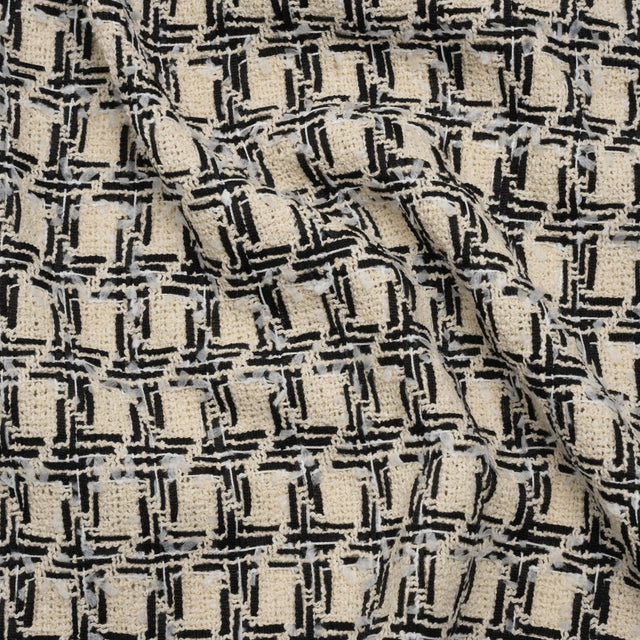 Wool Blend Boucle Tweed - Ivory and Black Houndstooth - Deadstock