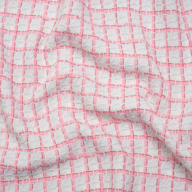 Tweedy Polyester Woven - White and Pink Ribbon Windowpane Checks - Deadstock