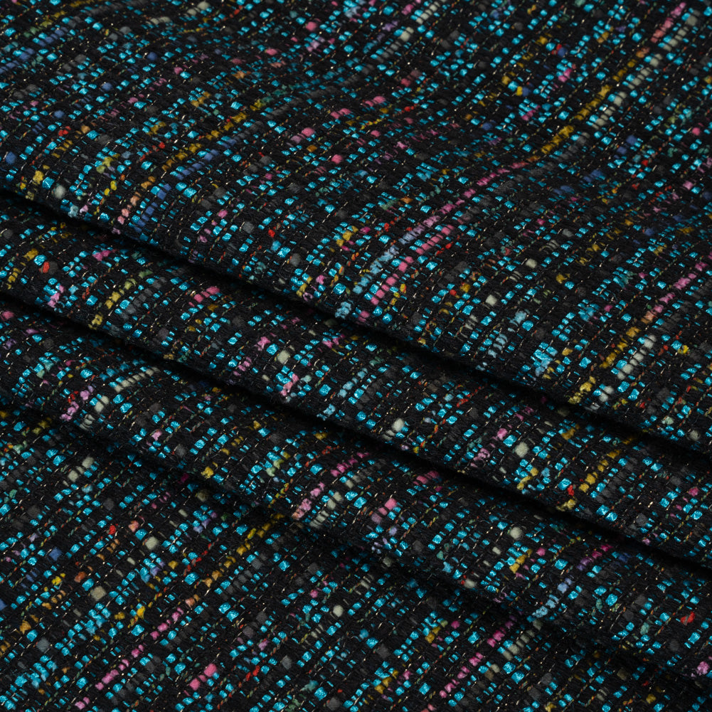 Polyester Tweed with Metallic Gold Strands - Turquoise, Black and Pink Striations - Deadstock - Folded