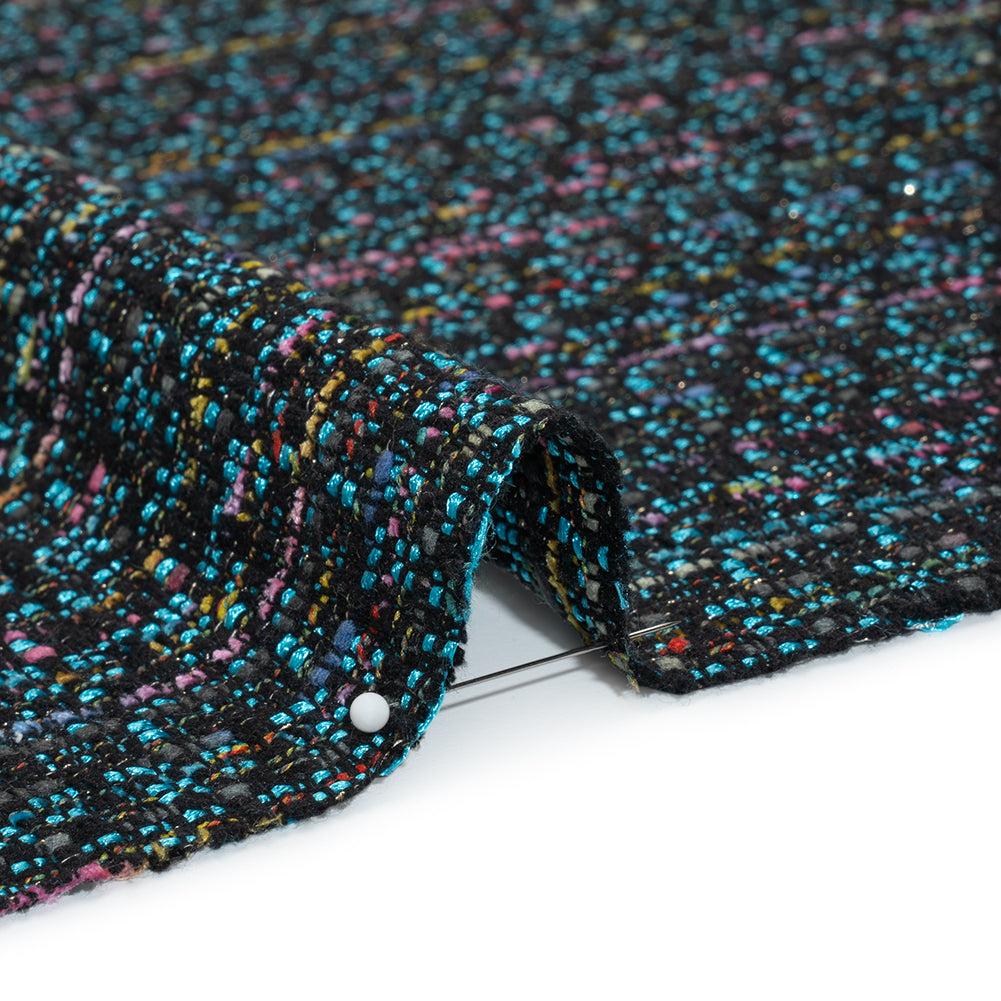 Polyester Tweed with Metallic Gold Strands - Turquoise, Black and Pink Striations - Deadstock - Detail