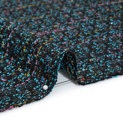Polyester Tweed with Metallic Gold Strands - Turquoise, Black and Pink Striations - Deadstock