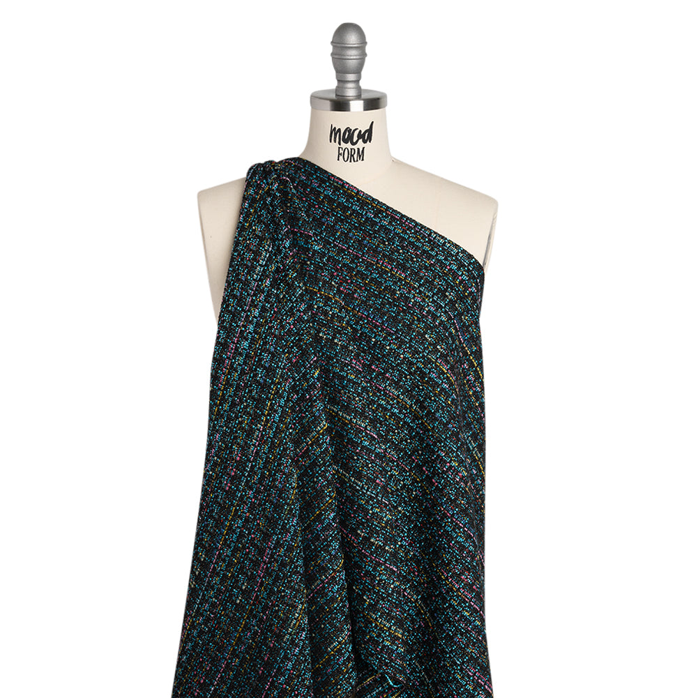Polyester Tweed with Metallic Gold Strands - Turquoise, Black and Pink Striations - Deadstock - Drape