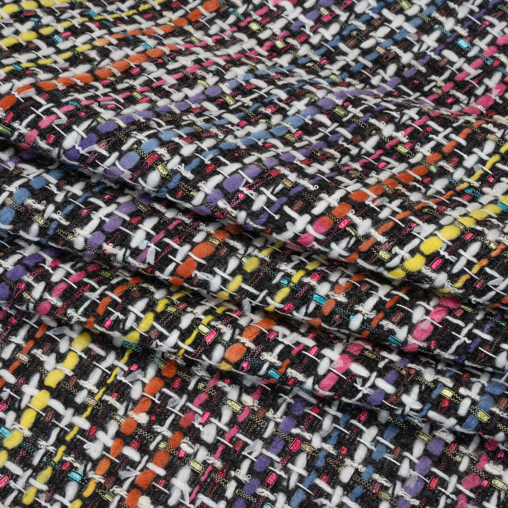 Polyester Tweed - Black, White and Rainbow Tactile Stripes Plaid - Deadstock - Folded