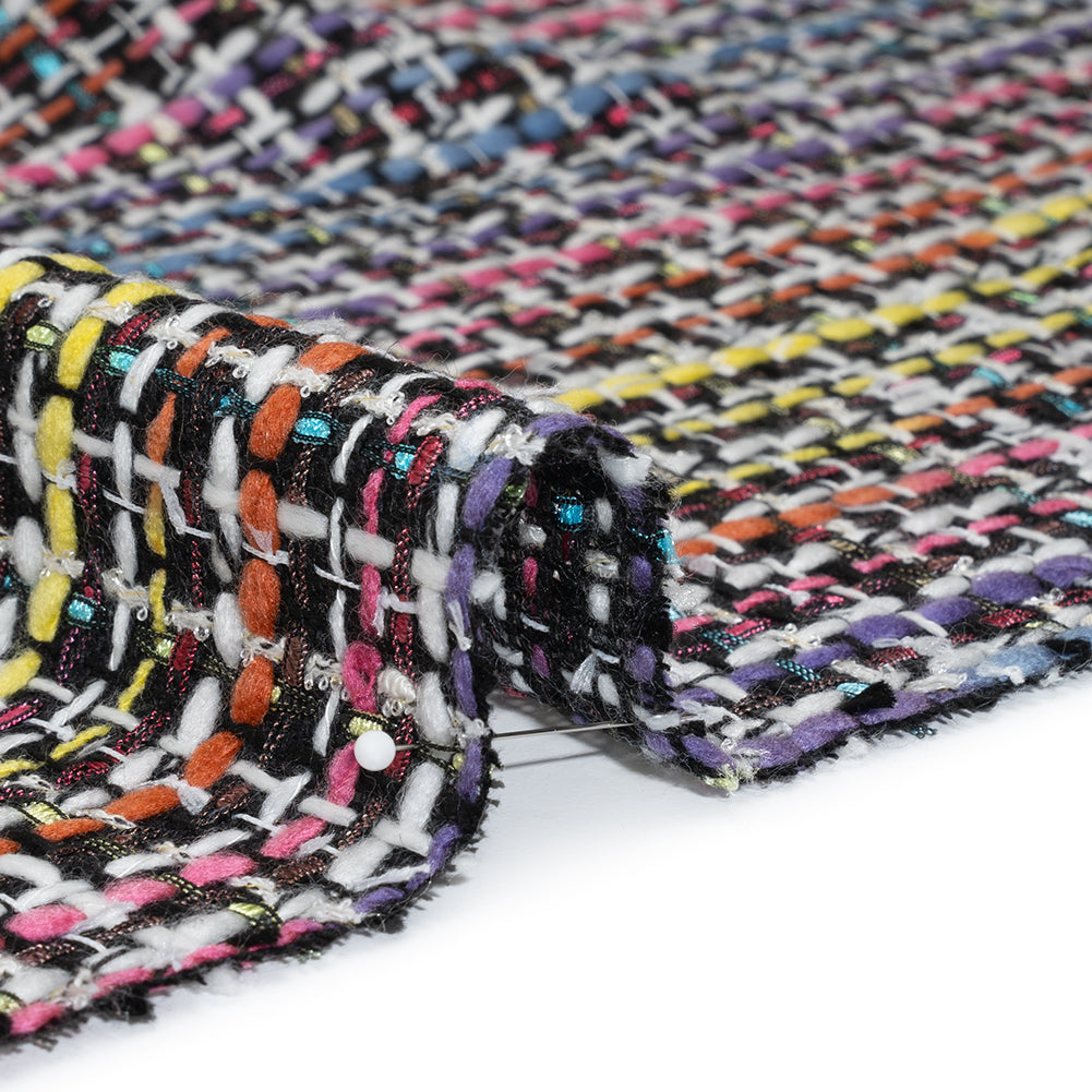 Polyester Tweed - Black, White and Rainbow Tactile Stripes Plaid - Deadstock - Detail