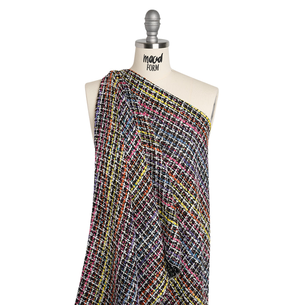 Polyester Tweed - Black, White and Rainbow Tactile Stripes Plaid - Deadstock - Drape