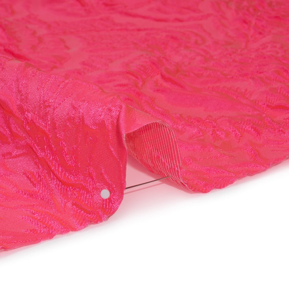 Polyester Brocade - Monochrome Neon Pink Roses and Leaves - Detail