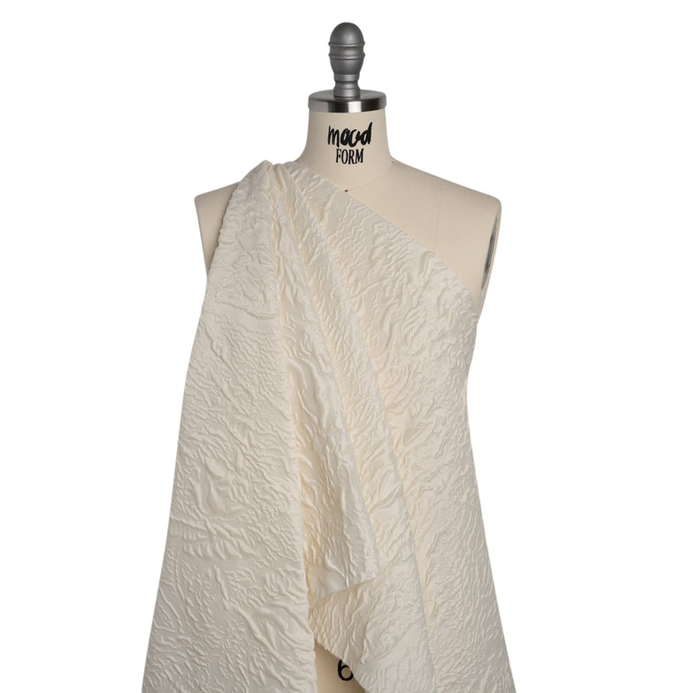 Polyester Brocade - Monochrome Ivory Roses and Leaves - Drape