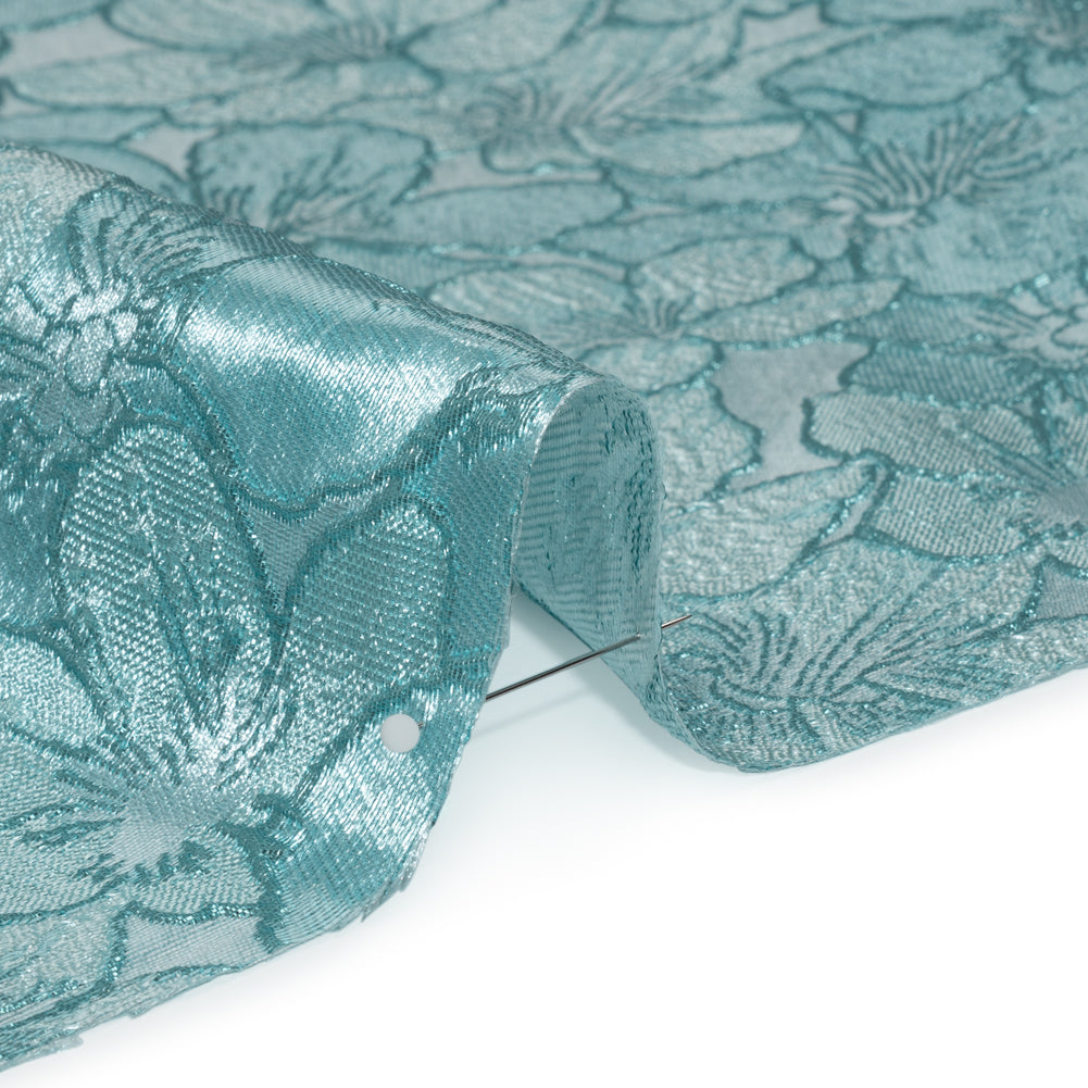 Metallic Brocade - Monochrome Aqua Blue Floating Blossoms - Detail