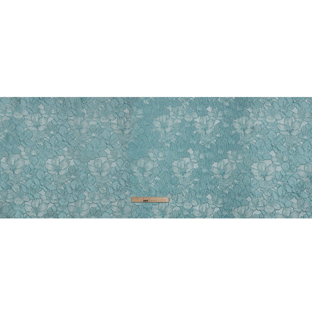 Metallic Brocade - Monochrome Aqua Blue Floating Blossoms - Full