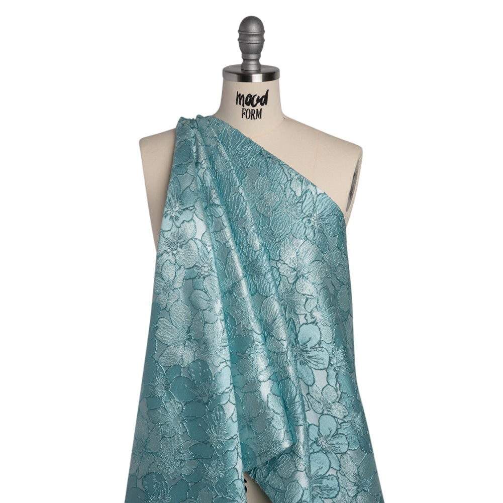 Metallic Brocade - Monochrome Aqua Blue Floating Blossoms - Drape