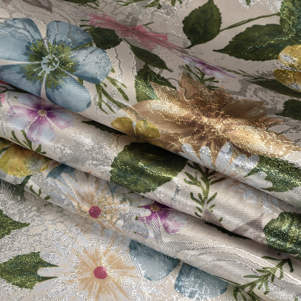 Printed Metallic Brocade - Pink, Blue and Green Floral on Silver Metamorphic Abstractions - Folded