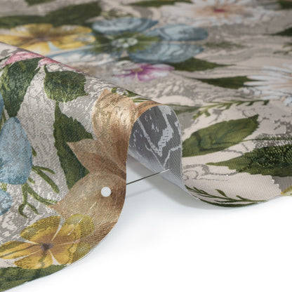Printed Metallic Brocade - Pink, Blue and Green Floral on Silver Metamorphic Abstractions