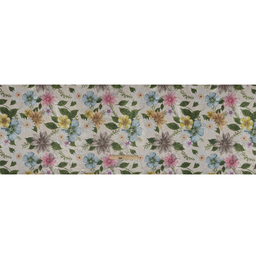 Printed Metallic Brocade - Pink, Blue and Green Floral on Silver Metamorphic Abstractions - Full