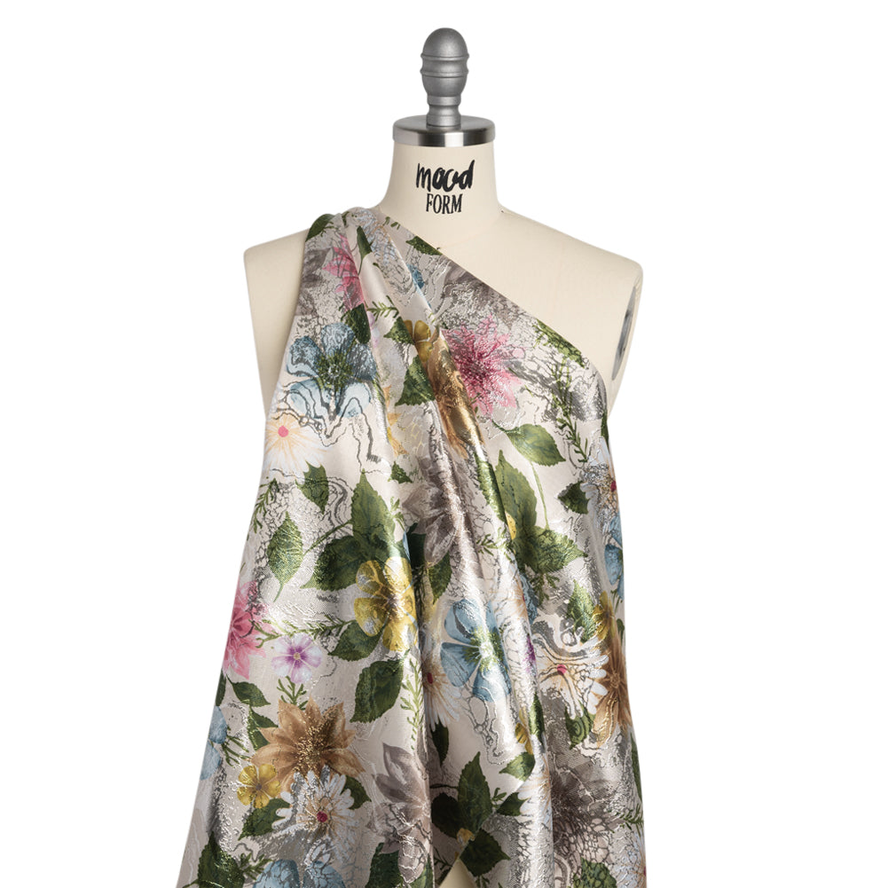 Printed Metallic Brocade - Pink, Blue and Green Floral on Silver Metamorphic Abstractions - Drape