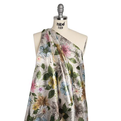 Printed Metallic Brocade - Pink, Blue and Green Floral on Silver Metamorphic Abstractions