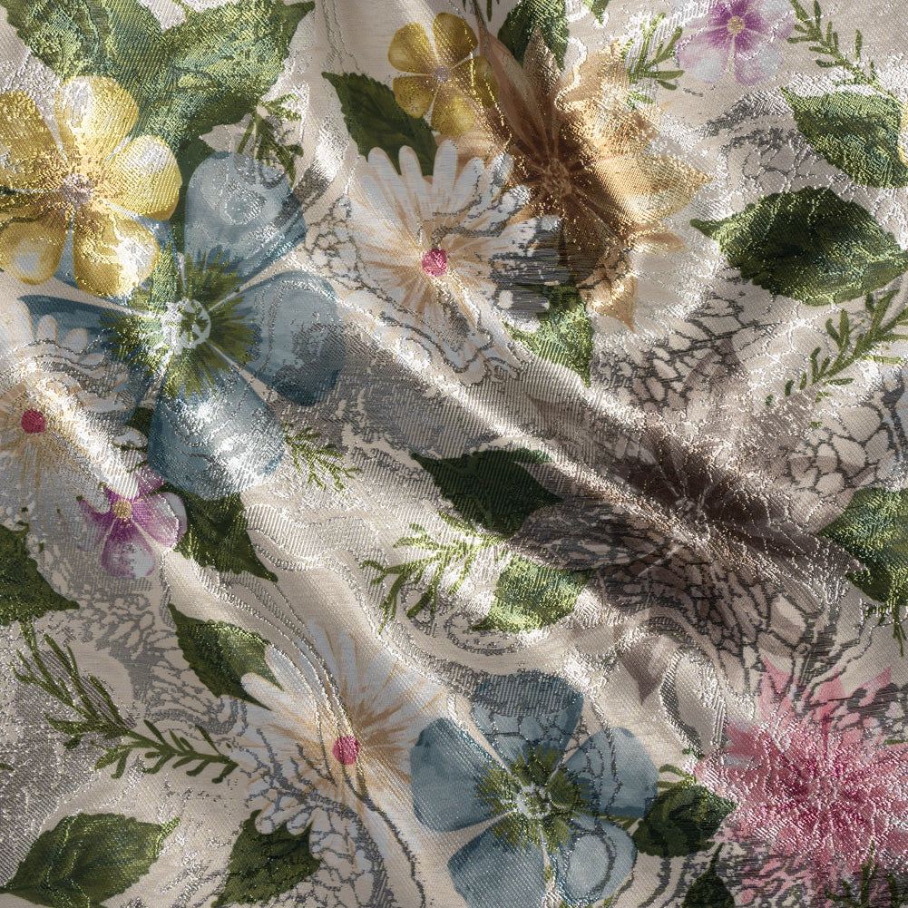Printed Metallic Brocade - Pink, Blue and Green Floral on Silver Metamorphic Abstractions
