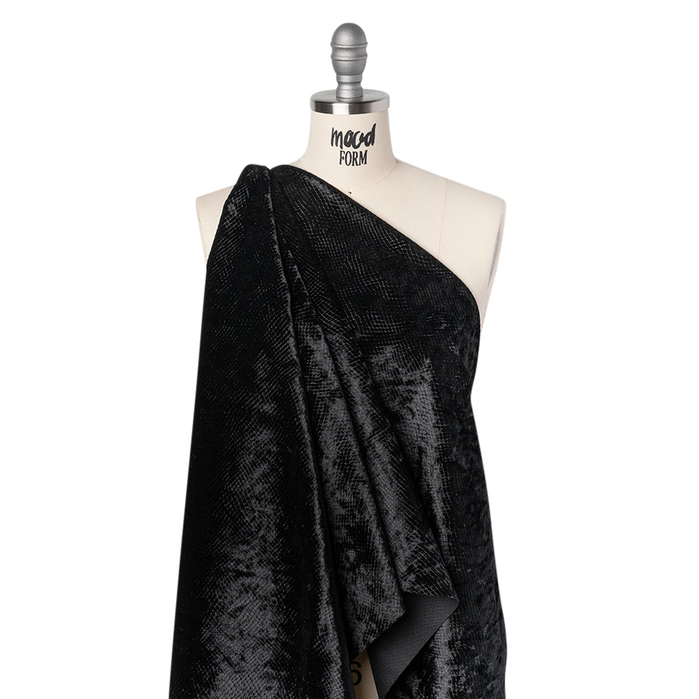 Snakeskin Embossed Polyester Crushed Velvet - Black - Mireia Collection - Folded