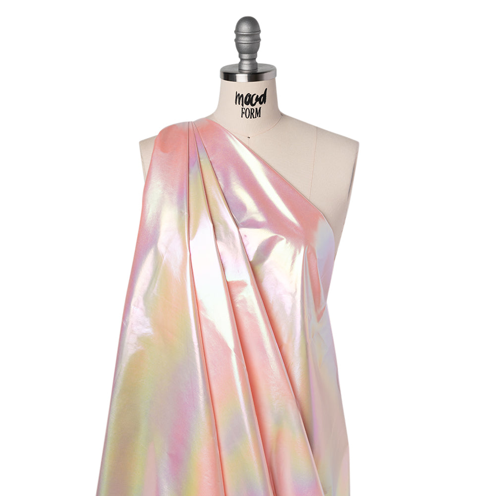 Metallic Lame Jacketing - Pastel Rainbow Ombre Stripe on Baby Pink - Inez Collection - Folded