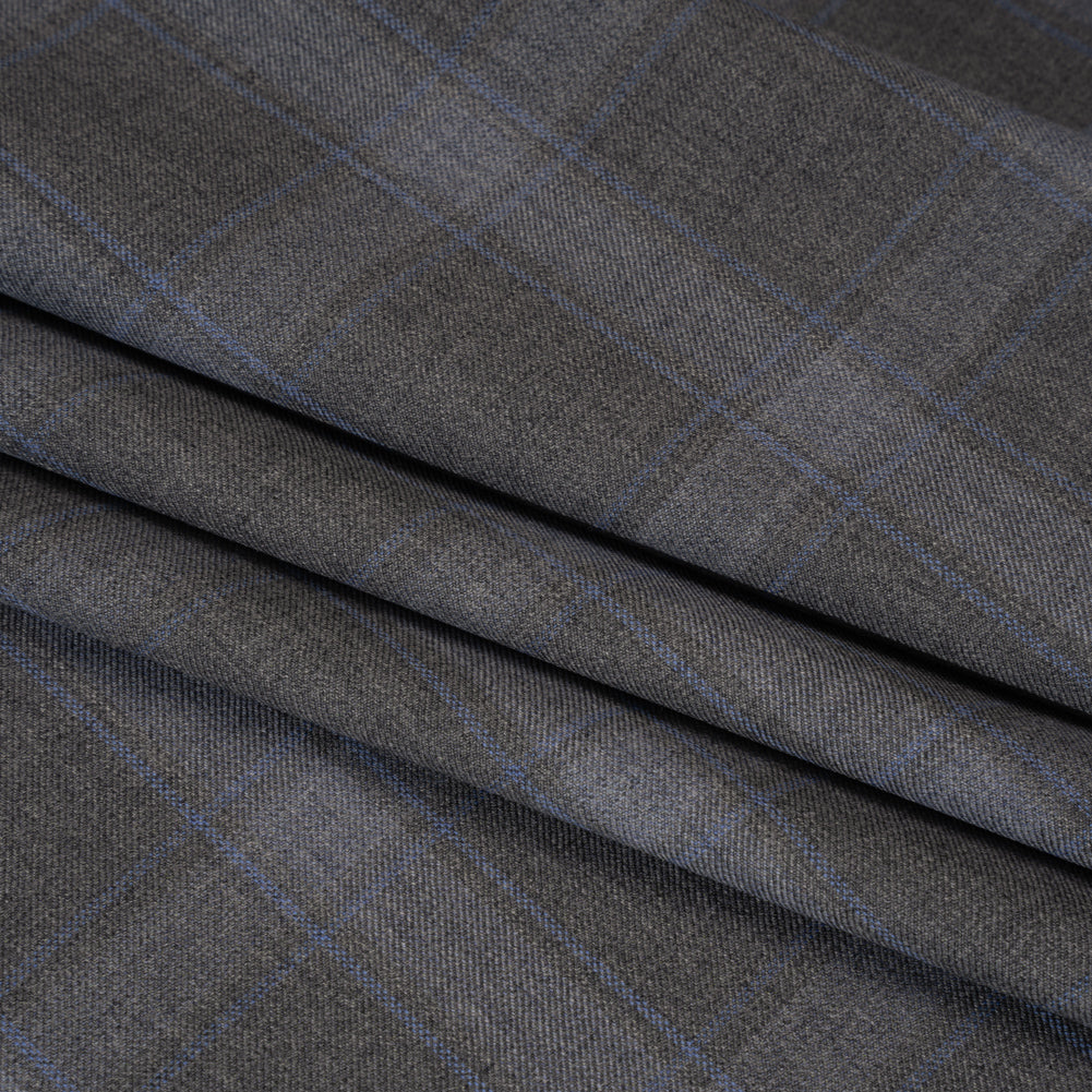 Super 130s Wool Twill Suiting Made in Italy - Gray and Sky Blue Plaid - Deadstock - Folded