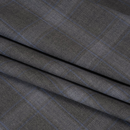 Super 130s Wool Twill Suiting Made in Italy - Gray and Sky Blue Plaid - Deadstock