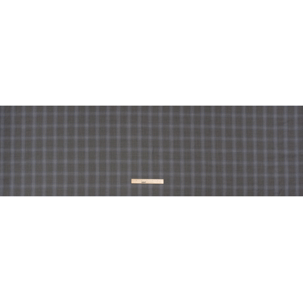 Super 130s Wool Twill Suiting Made in Italy - Gray and Sky Blue Plaid - Deadstock - Full