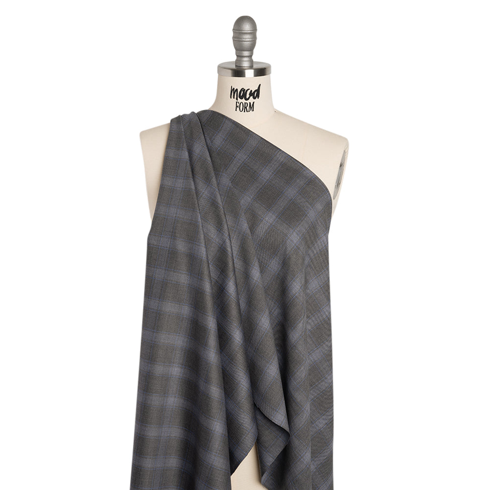 Super 130s Wool Twill Suiting Made in Italy - Gray and Sky Blue Plaid - Deadstock - Drape