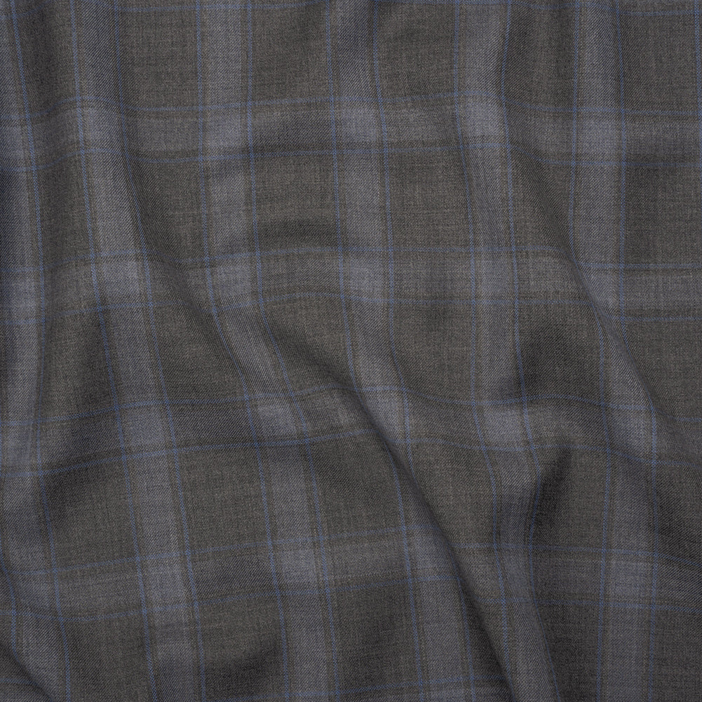 Super 130s Wool Twill Suiting Made in Italy - Gray and Sky Blue Plaid - Deadstock