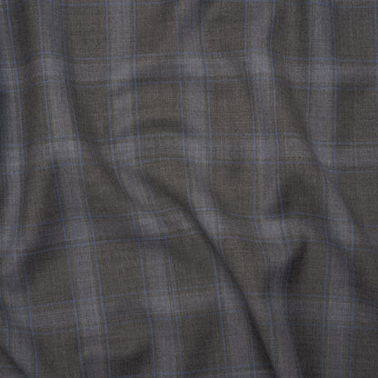 Super 130s Wool Twill Suiting Made in Italy - Gray and Sky Blue Plaid - Deadstock