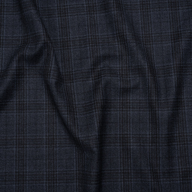 Super 130s Wool Suiting Made in Italy - Dark Blue and Black Plaid - Deadstock