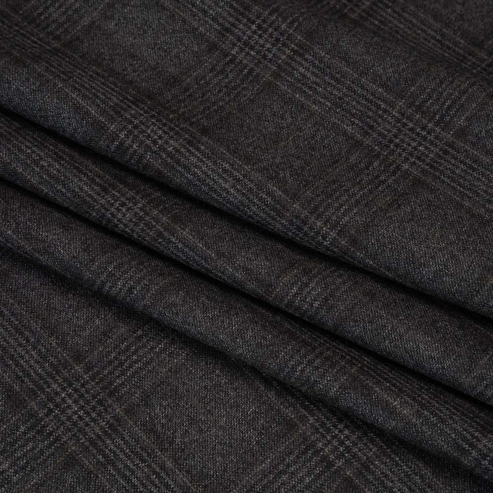 Super 130s Wool Suiting Made in Italy - Charcoal, Black and Brown Plaid - Deadstock - Folded