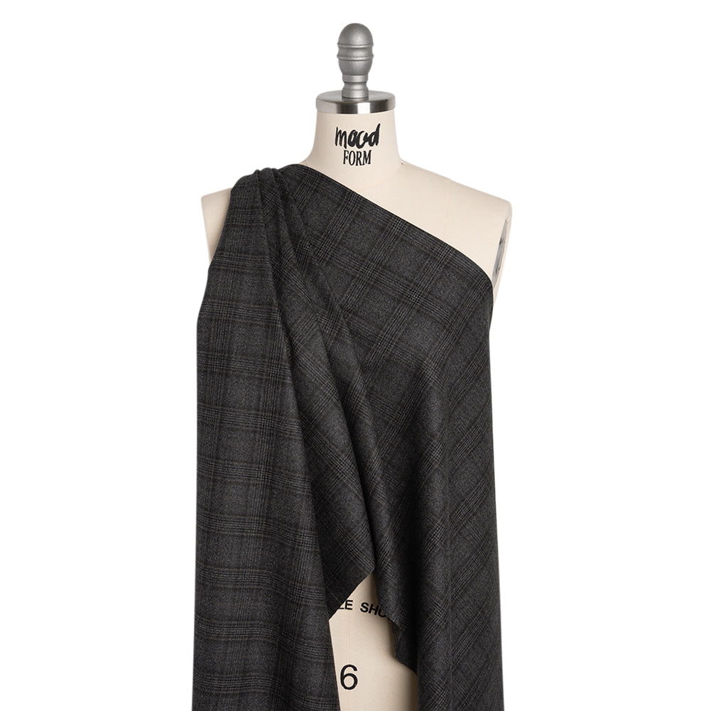 Super 130s Wool Suiting Made in Italy - Charcoal, Black and Brown Plaid - Deadstock - Drape