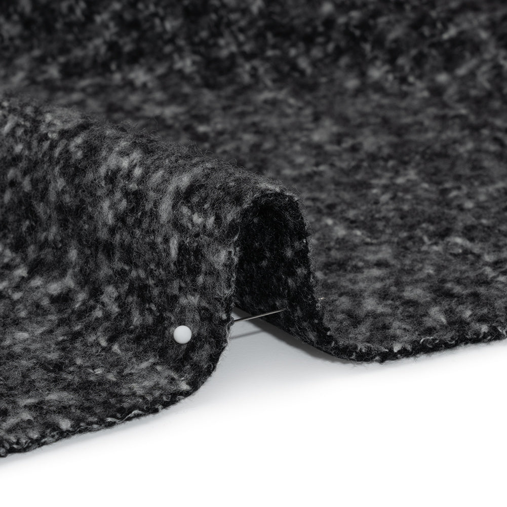 Plush Brushed Wool and Alpaca Boucle Coating Made in Italy - Black and White Heathered - Deadstock - Detail