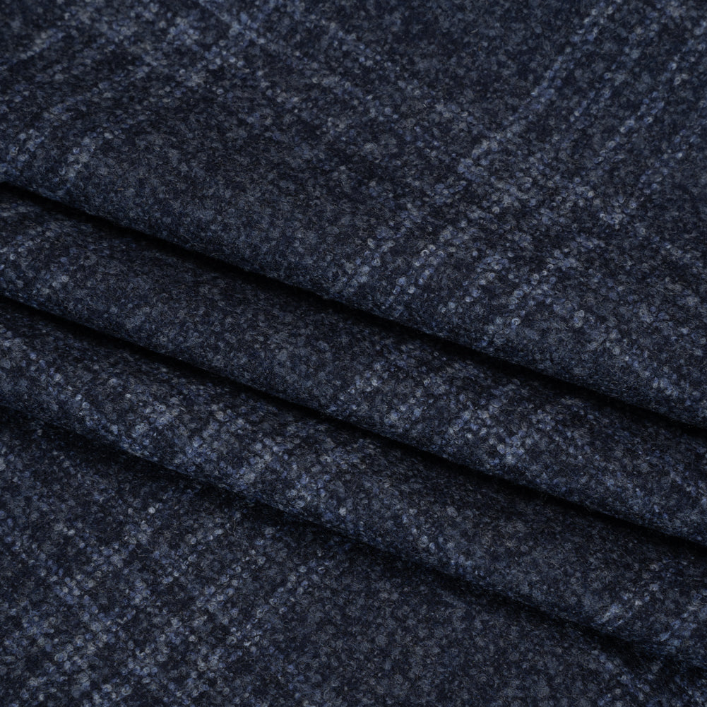 Wool, Silk and Cashmere Boucle Suiting Made in Italy - Blue and Navy Plaid - Deadstock - Folded