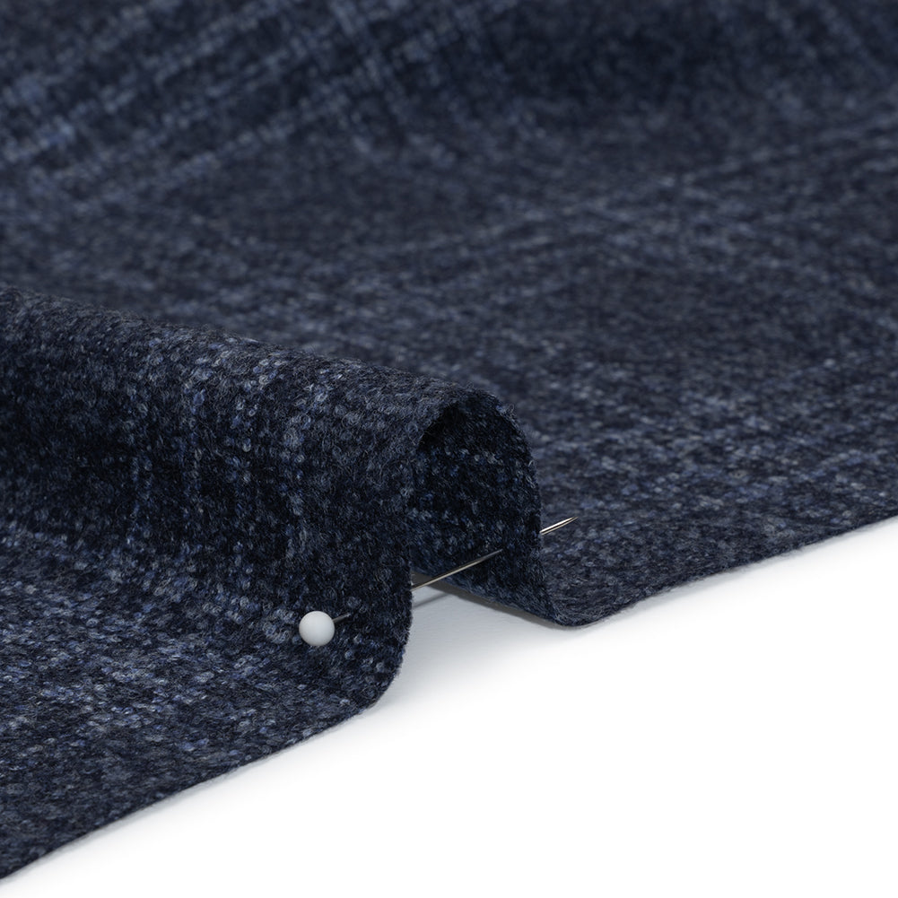 Wool, Silk and Cashmere Boucle Suiting Made in Italy - Blue and Navy Plaid - Deadstock - Detail