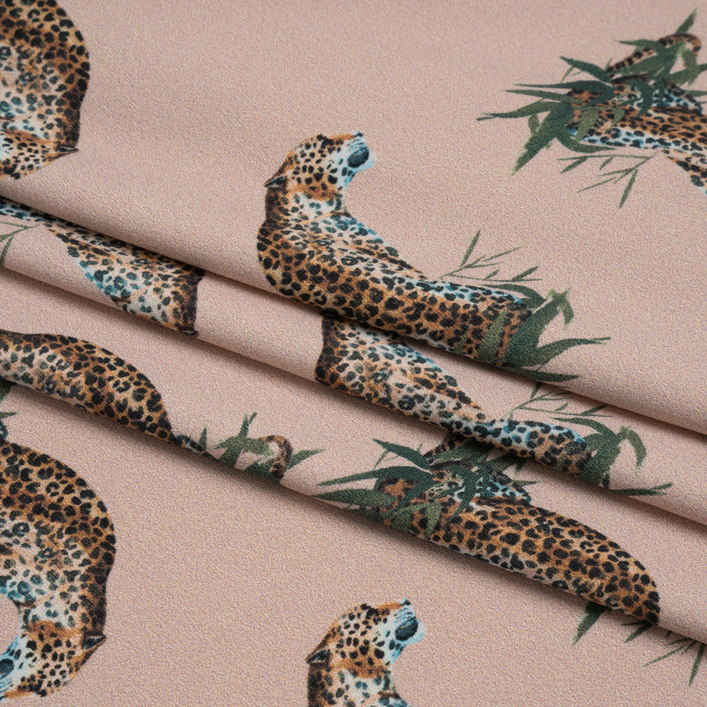 Stretch Nylon Swimwear Tricot - Beige, Brown and Green Leopard in Leaves - Designer Deadstock - Folded