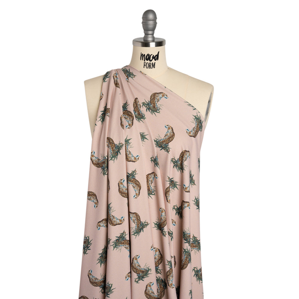 Stretch Nylon Swimwear Tricot - Beige, Brown and Green Leopard in Leaves - Designer Deadstock - Drape