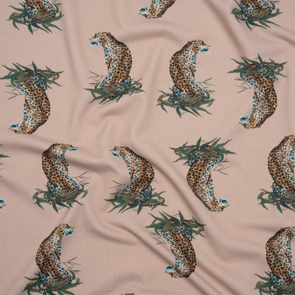 Stretch Nylon Swimwear Tricot - Beige, Brown and Green Leopard in Leaves - Designer Deadstock