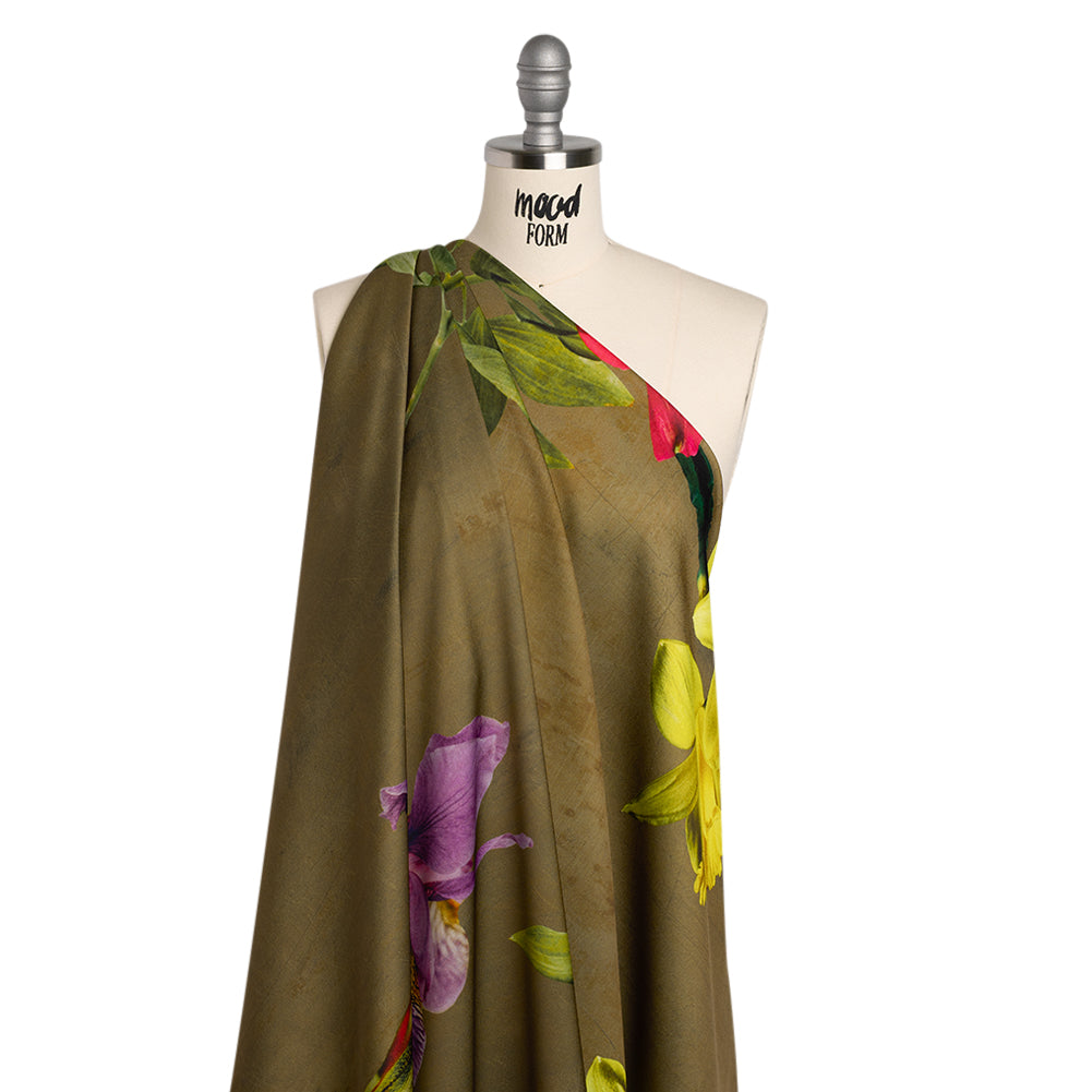 Polyester Crepe-Back Satin - Olive Green, Purple and Red Floral - Mood Exclusive Up Close and Blooming Print - Drape