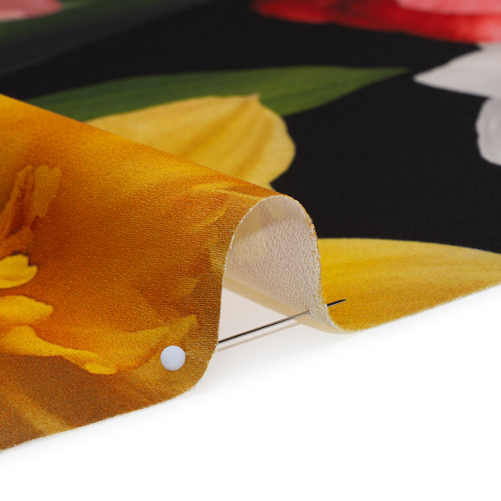 Polyester Crepe-Back Satin - Black, Yellow and Red Realistic Flowers - Mood Exclusive Photosynthesis Snapshot Print - Detail