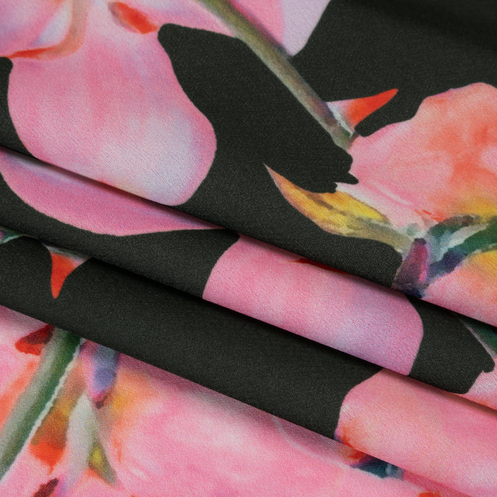 Polyester Crepe-Back Satin - Bright Pink and Black Floral - Mood Exclusive Sakura Whispers Print - Folded