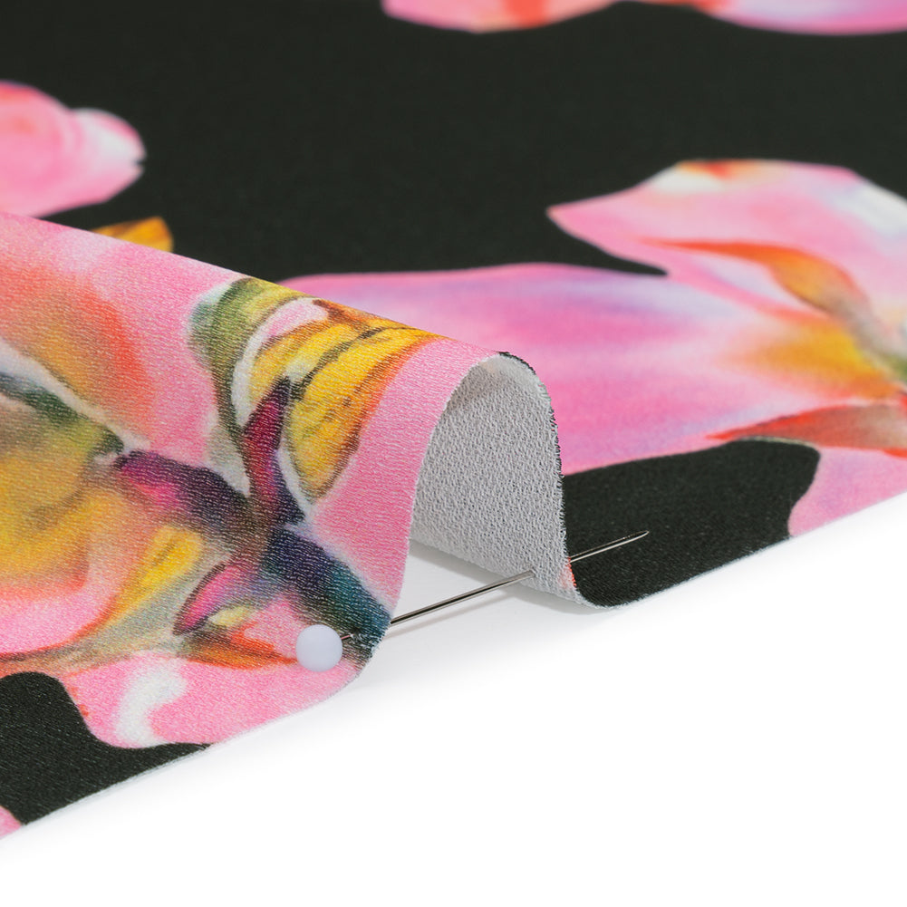 Polyester Crepe-Back Satin - Bright Pink and Black Floral - Mood Exclusive Sakura Whispers Print - Detail