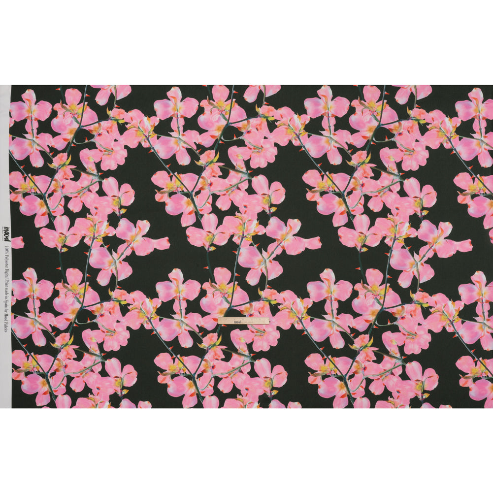 Polyester Crepe-Back Satin - Bright Pink and Black Floral - Mood Exclusive Sakura Whispers Print - Full