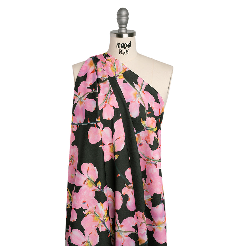 Polyester Crepe-Back Satin - Bright Pink and Black Floral - Mood Exclusive Sakura Whispers Print - Drape