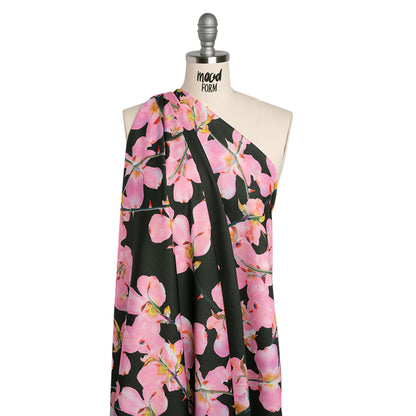 Polyester Crepe-Back Satin - Bright Pink and Black Floral - Mood Exclusive Sakura Whispers Print
